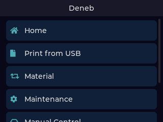 Deneb touchscreen showing print, material, and maintenance controls